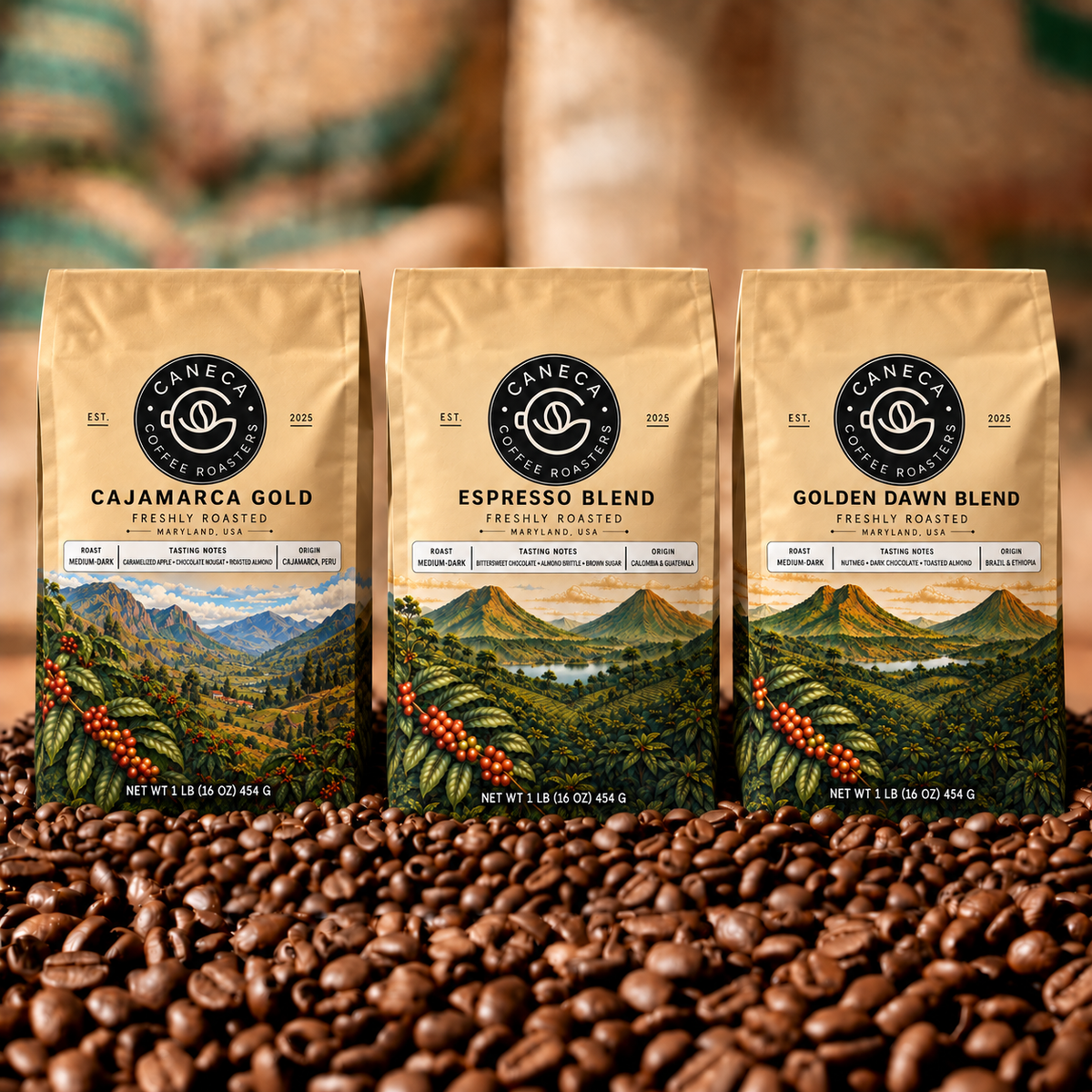 CANECA Coffee Roasters Espresso Bundle with Cajamarca Gold, Espresso Blend, and Golden Dawn Blend in new champagne-gold illustrated packaging