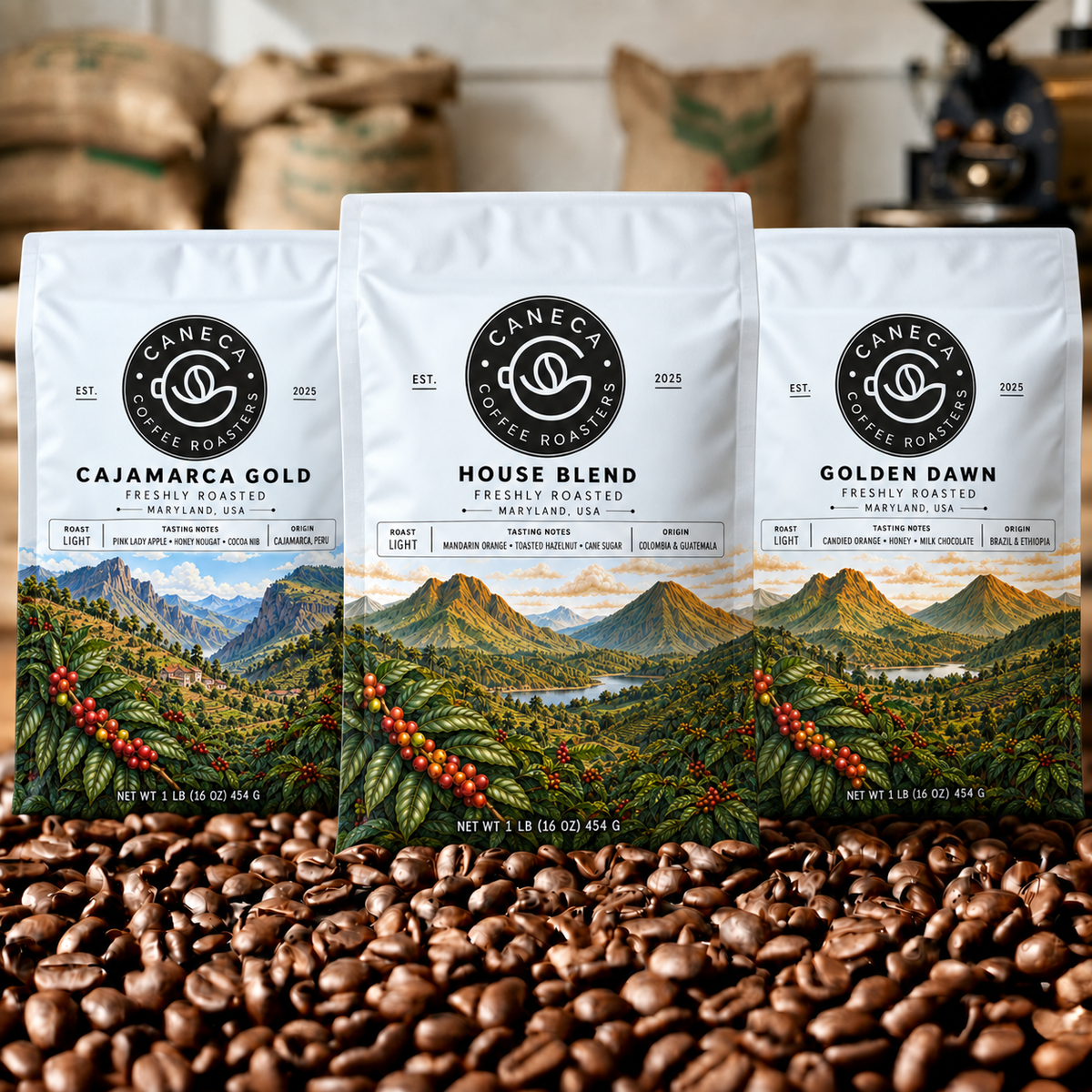 CANECA Coffee Roasters Light Roast Bundle with Cajamarca Gold, House Blend, and Golden Dawn in the new illustrated packaging