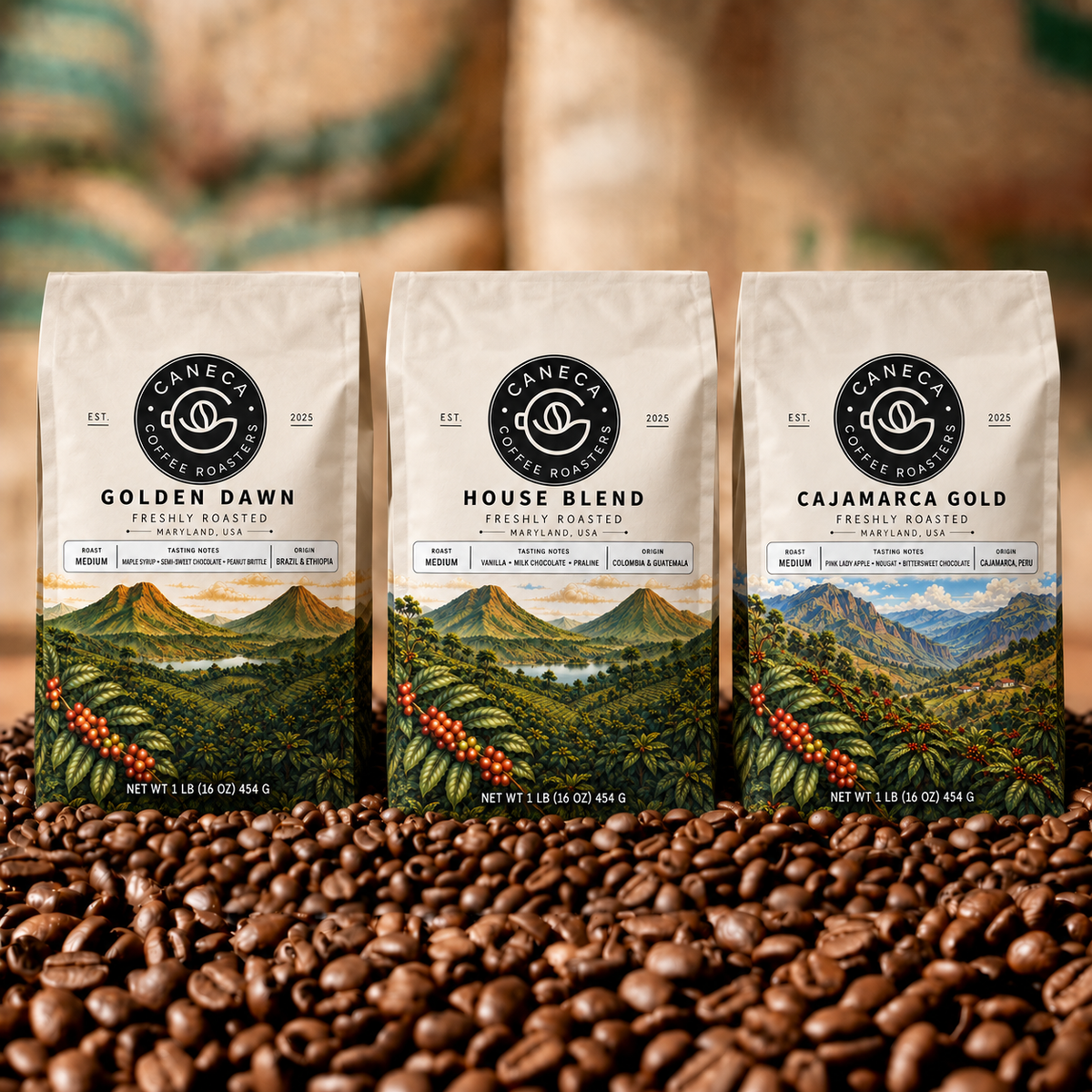 CANECA Coffee Roasters Medium Roast Bundle with Golden Dawn, House Blend, and Cajamarca Gold in the new illustrated packaging